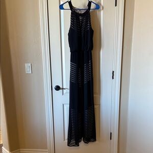 NWOT- London Times Black and Gray Striped Maxi Dress